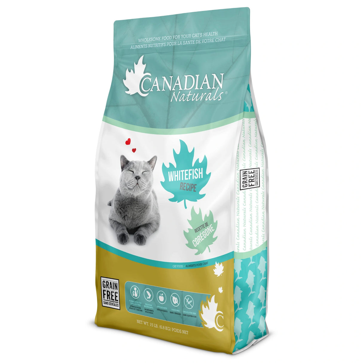 A front view of Canadian Naturals Whitefish Recipe Cat Food on a white background