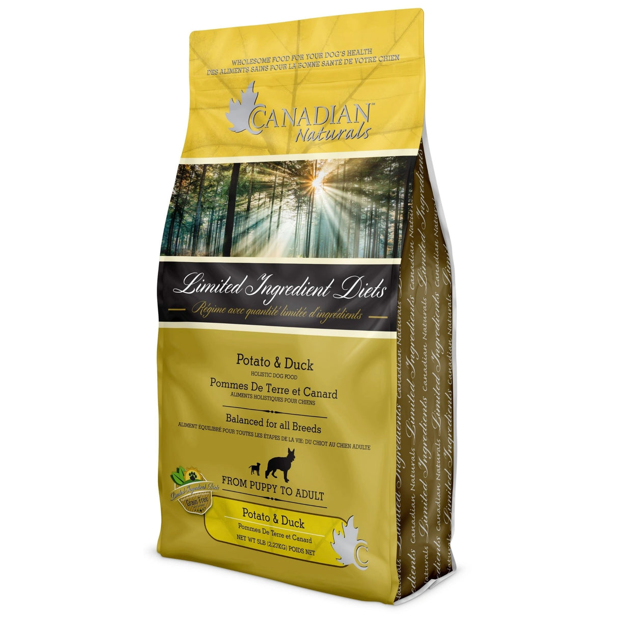 A front view of Canadian Naturals Potato and Duck Recipe Dog Food on a white background