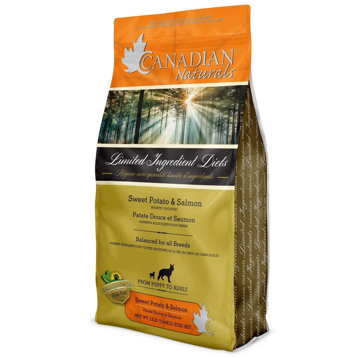 A front view of Canadian Naturals Sweet Potato and Salmon Recipe Dog Food on a white background