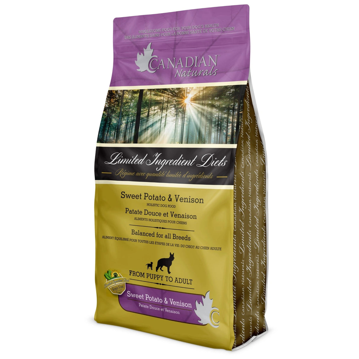 A front view of Canadian Naturals Sweet Potato and Venison Recipe Dog Food on a white background