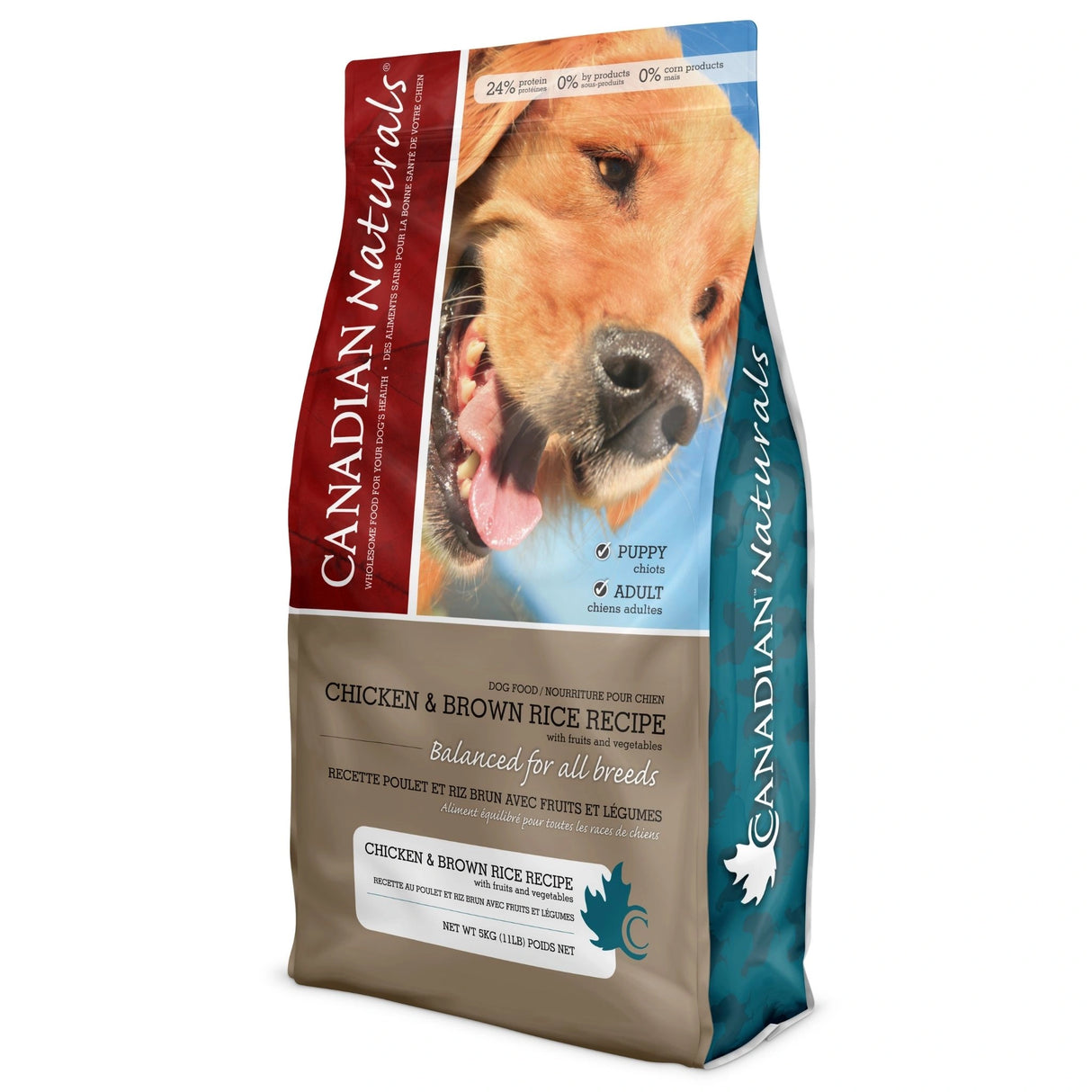 A front view of Canadian Naturals Chicken and Brown Rice Recipe Dog Food on a white background
