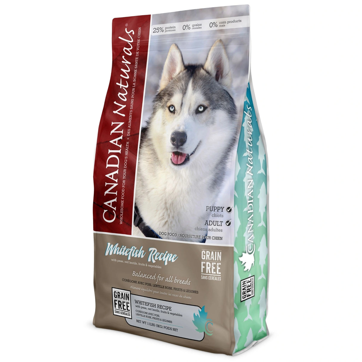 A front view of Canadian Naturals Fresh Whitefish Recipe Dog Food on a white background