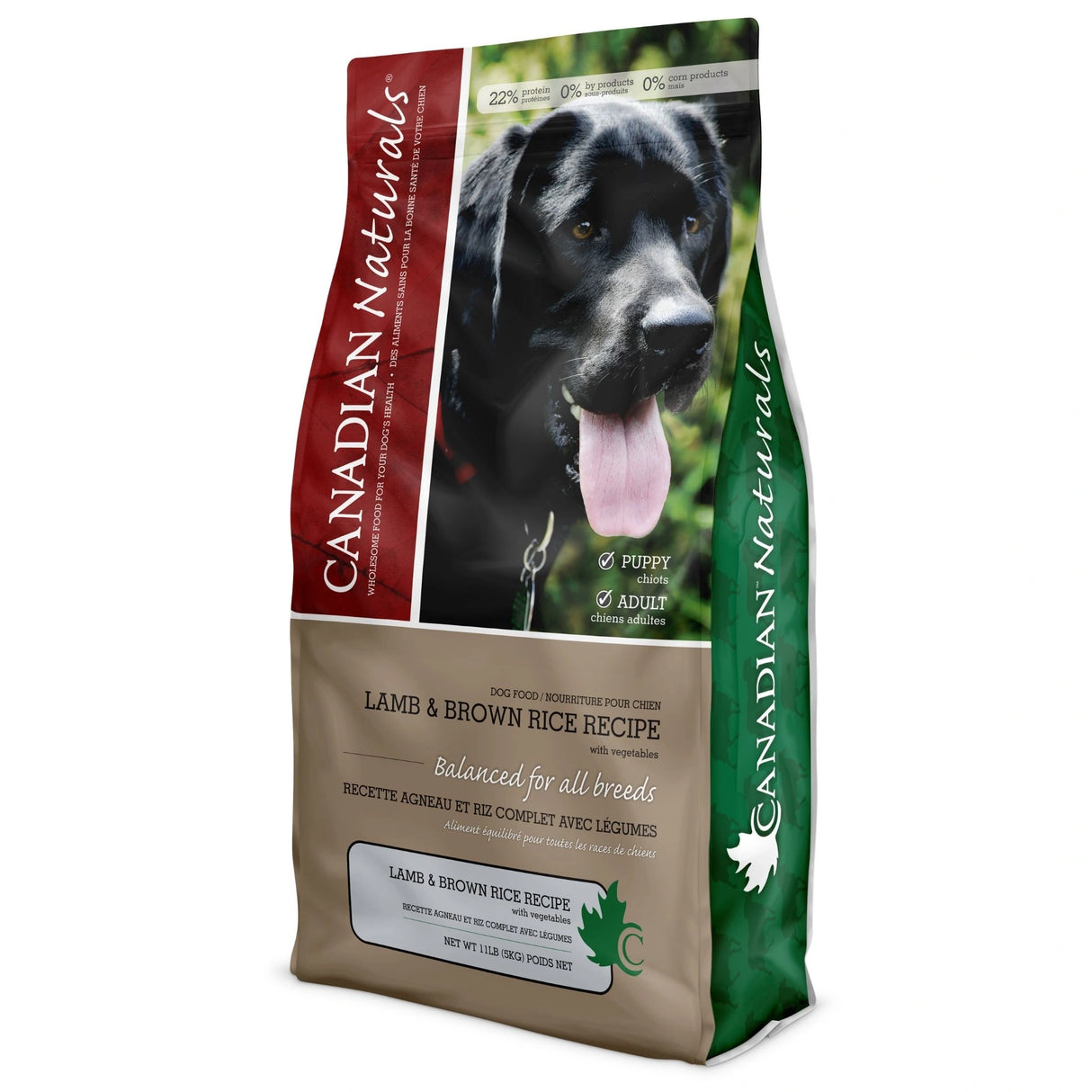 A front side view of Canadian Naturals Dog Food Lamb and Brown Rice Recipe displayed on a white background