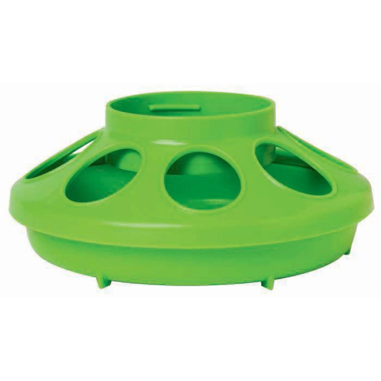 A front view of Little Giant 1 Quart Plastic Chicken Feeder Apple Green on a white background