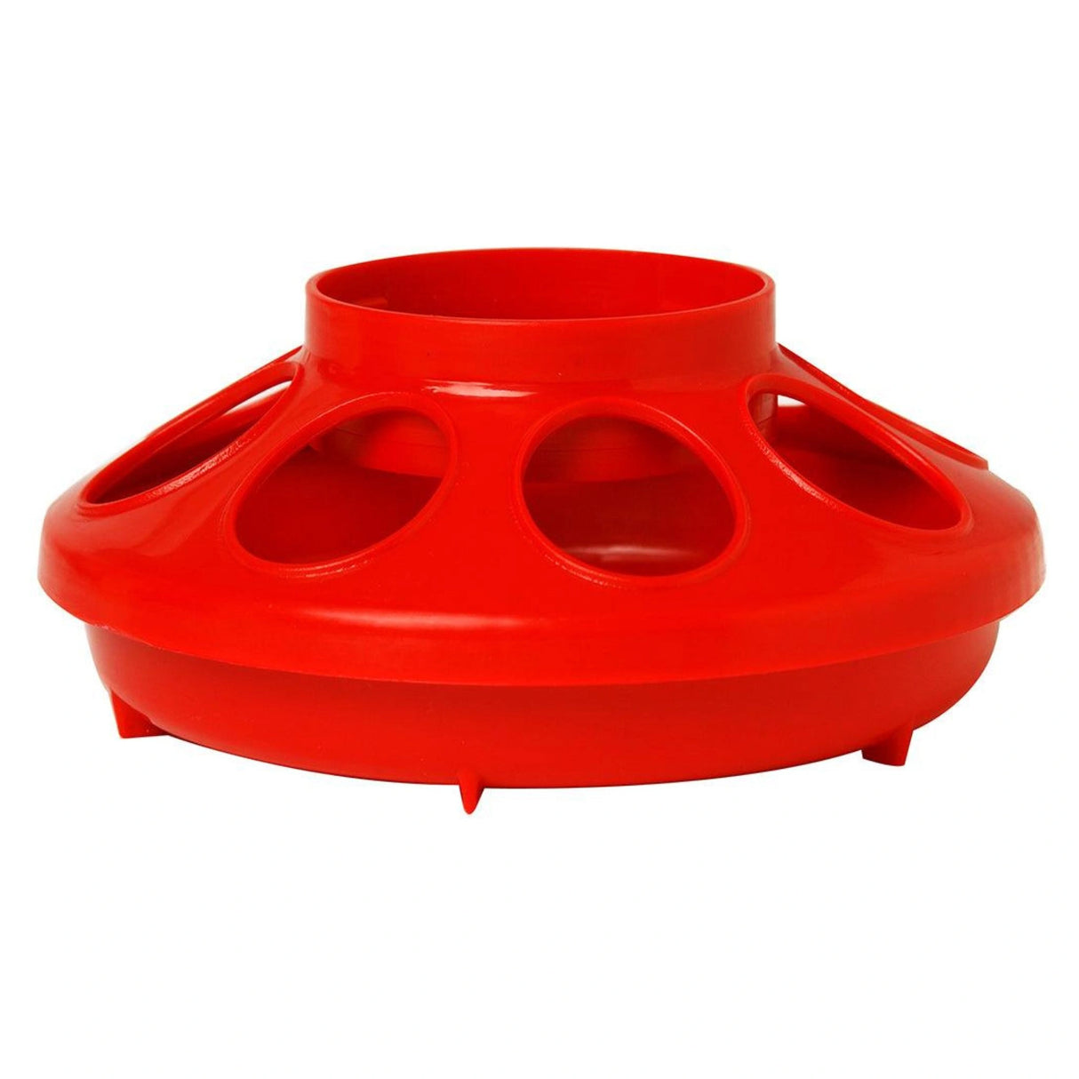 A front view of Little Giant 1 Quart Plastic Chicken Feeder Red on a white background