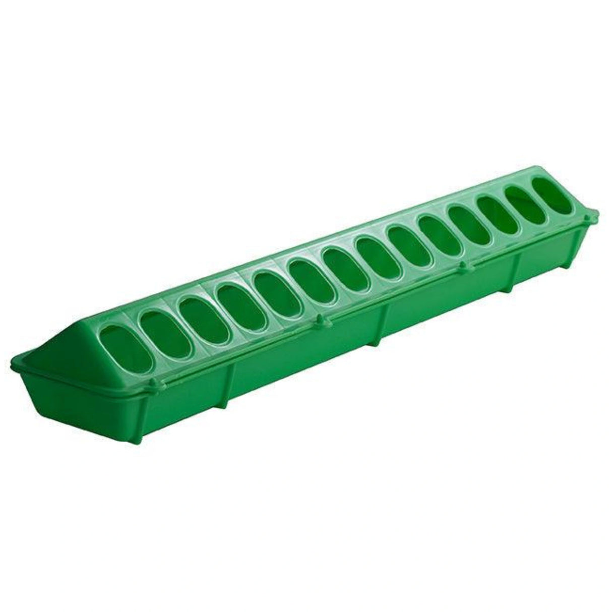 A front view of Little Giant Chicken Feeder 20 Inch Plastic Flip-Top Poultry Ground Feeder in Lime Green on a white background