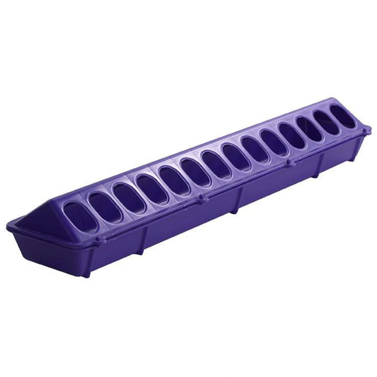 A front view of Little Giant Chicken Feeder 20 Inch Plastic Flip-Top Poultry Ground Feeder in Purple on a white background