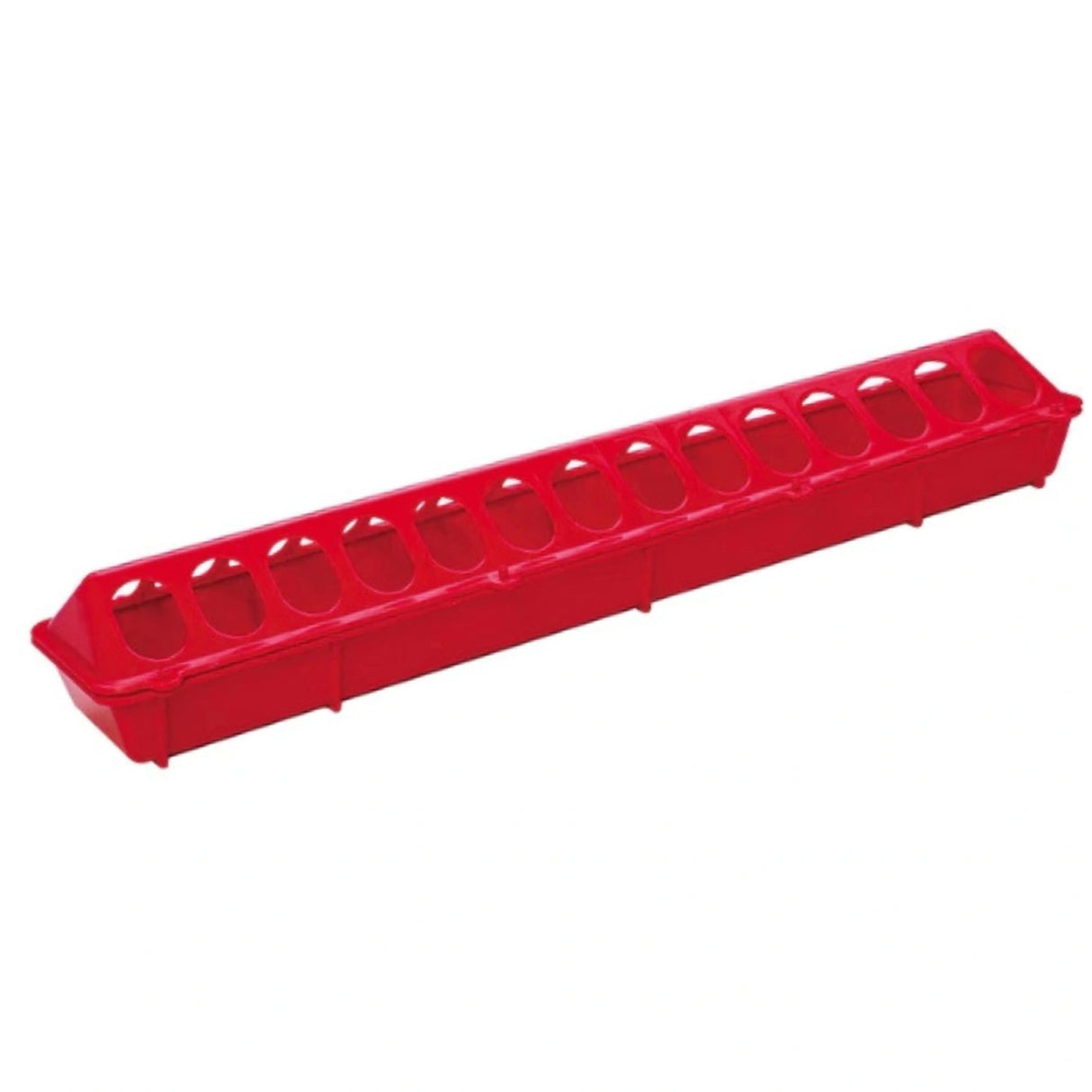 A front view of Little Giant Chicken Feeder 20 Inch Plastic Flip-Top Poultry Ground Feeder in Red on a white background