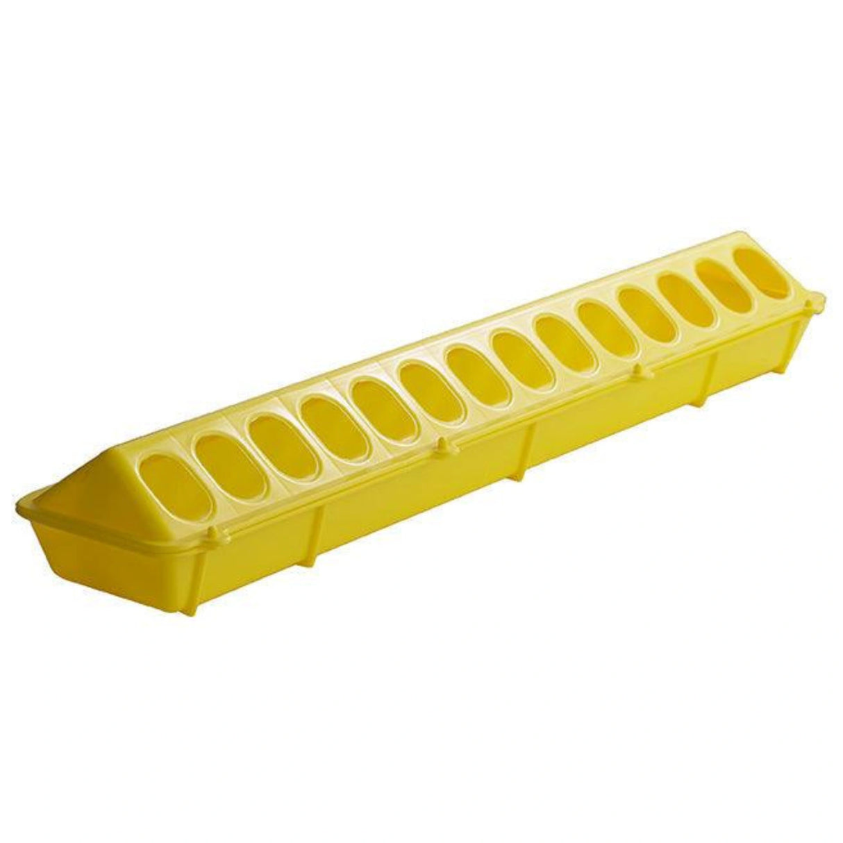 A front view of Little Giant Chicken Feeder 20 Inch Plastic Flip-Top Poultry Ground Feeder in Yellow on a white background