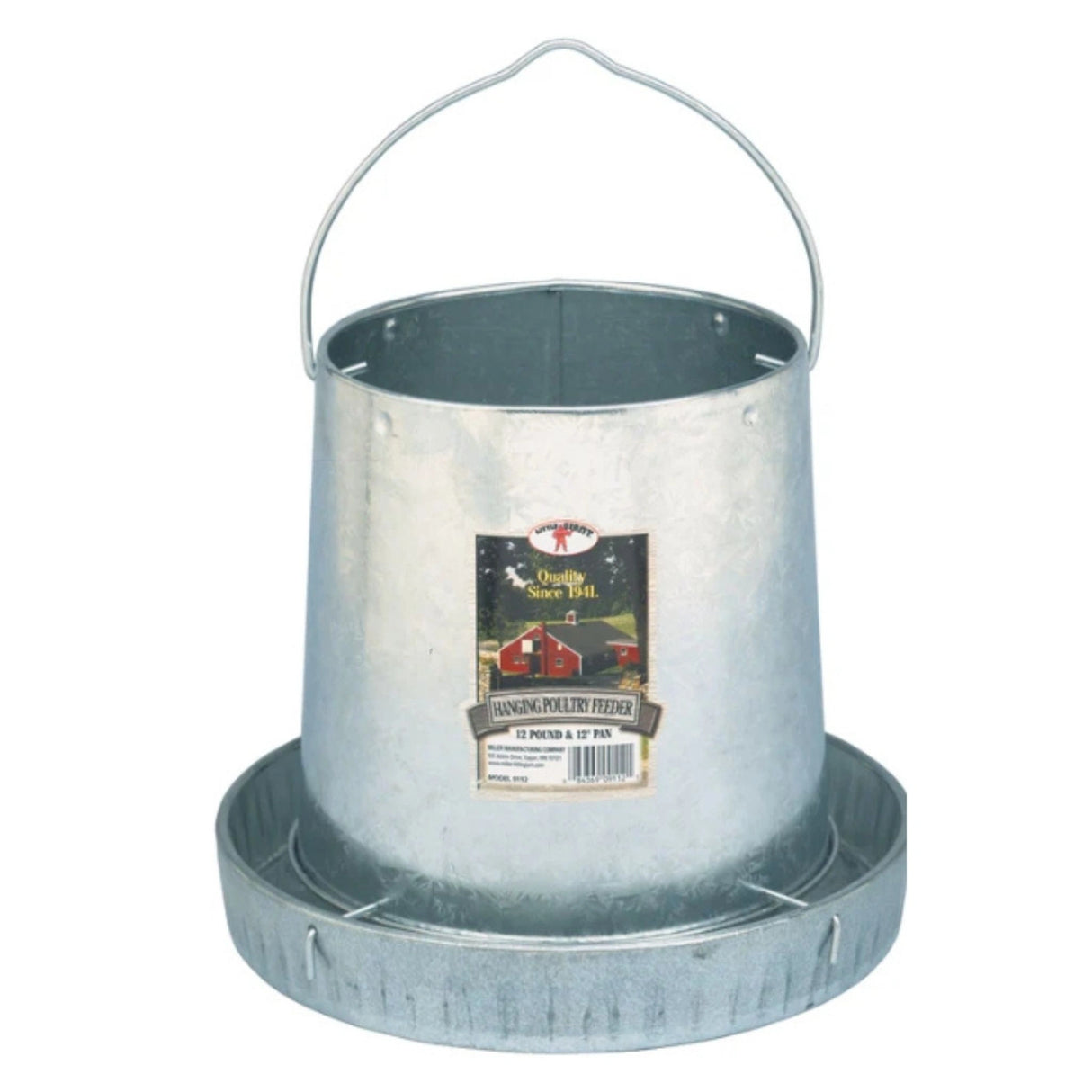Front view of Little Giant 12 pounds Hanging Metal Chicken Feeder on a white background