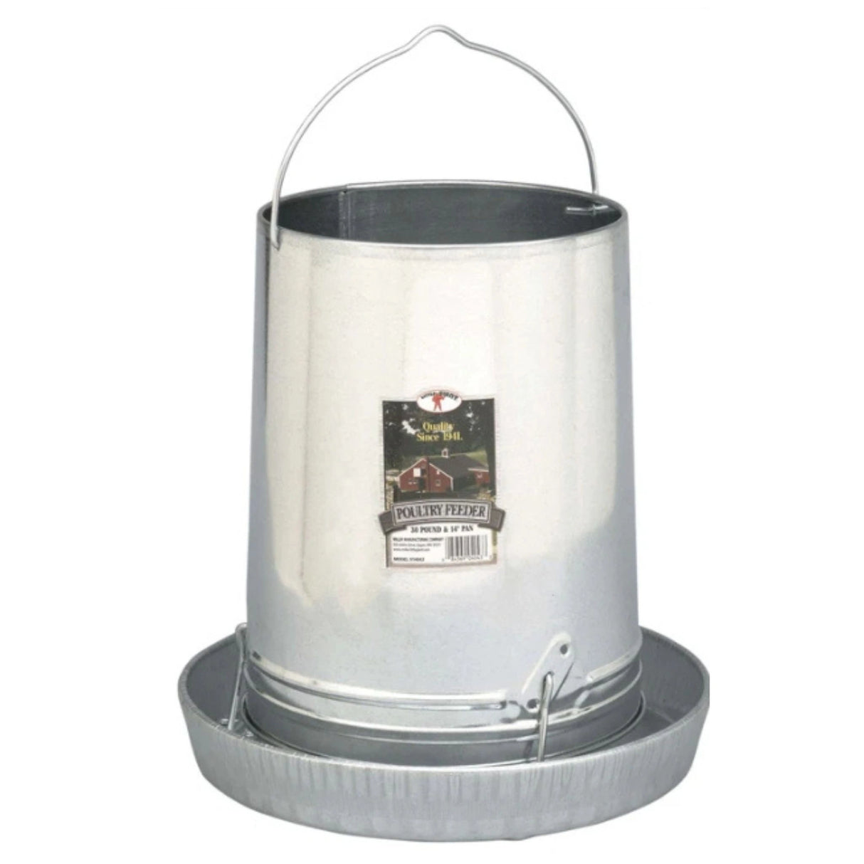 Front view of Little Giant 30 pounds Hanging Metal Chicken Feeder on a white background