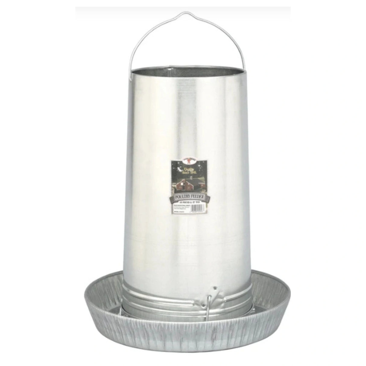 Front view of Little Giant 40 pounds Hanging Metal Chicken Feeder on a white background