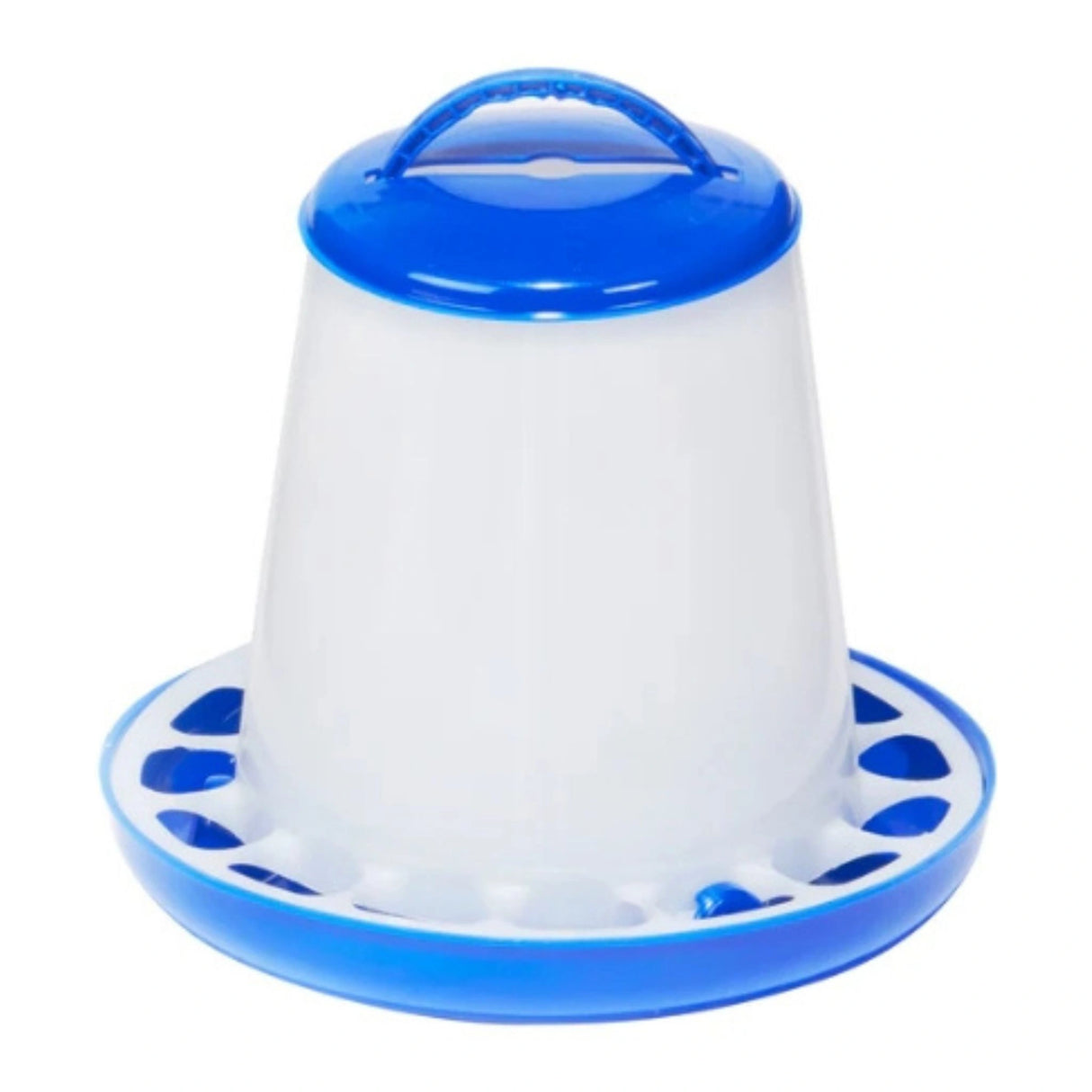 A front view of Double-Tuf Plastic Chicken Feeder on a white background