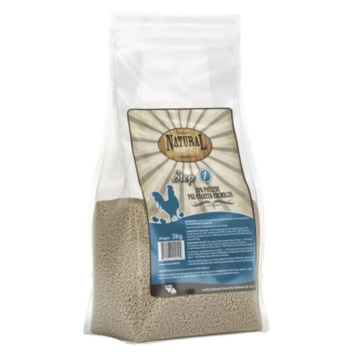 A front view of Natural Harvest Chicken Feeds Step 1: 23% Poultry Pre-Starter Crumbles on a white background
