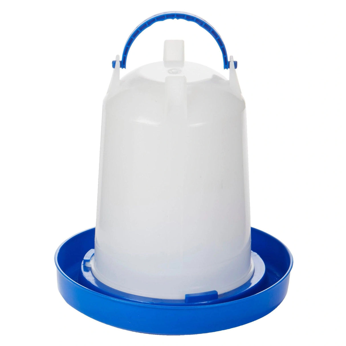 A front view of Little Giant Chicken Waterer 1.5 Quart Hanging Plastic Poultry Waterer on a white background