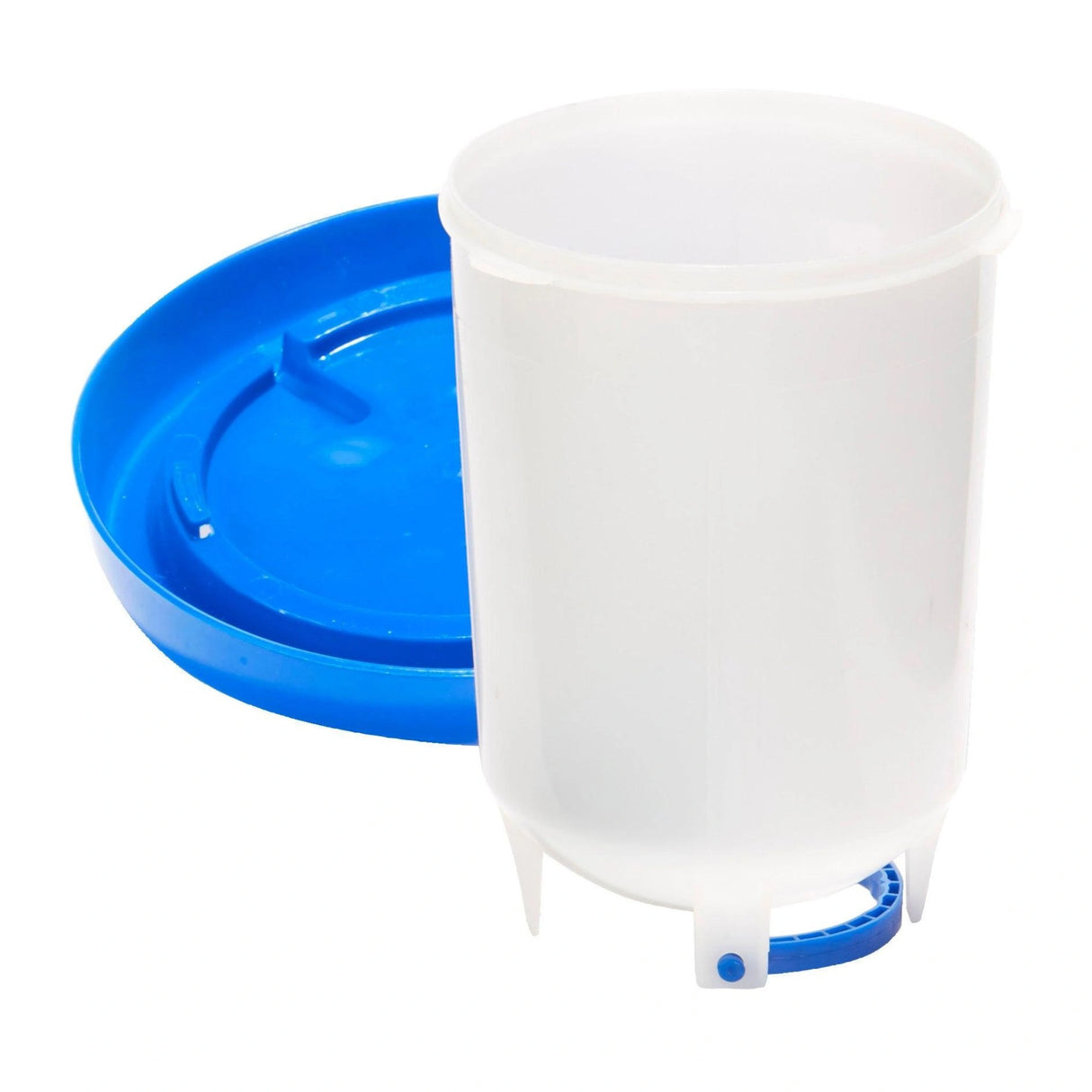 A front view of Little Giant Chicken Waterer 1.5 Quart Hanging Plastic Poultry Waterer unassembled on a white background
