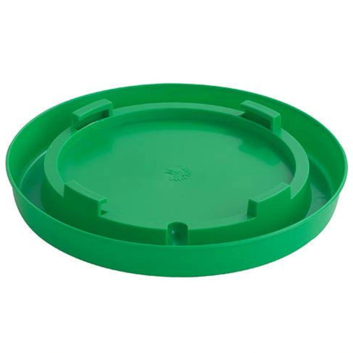 Front view of a Green Little Giant 1-Gallon Nesting-Style Poultry Waterer Base on a white background