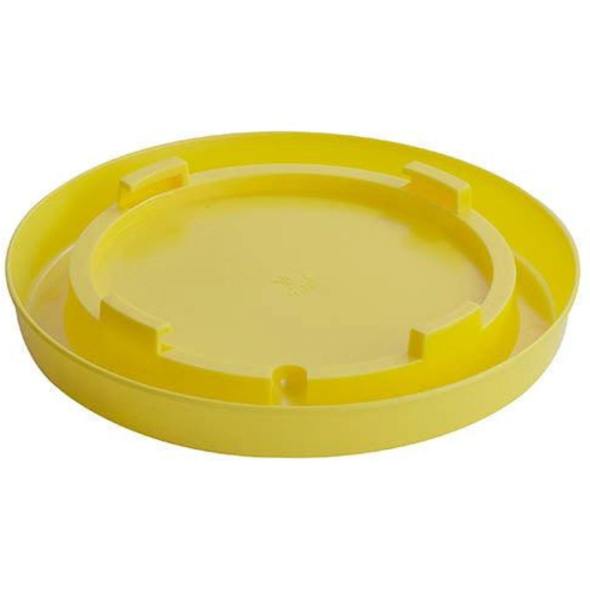 Front view of a Yellow Little Giant 1-Gallon Nesting-Style Poultry Waterer Base on a white background