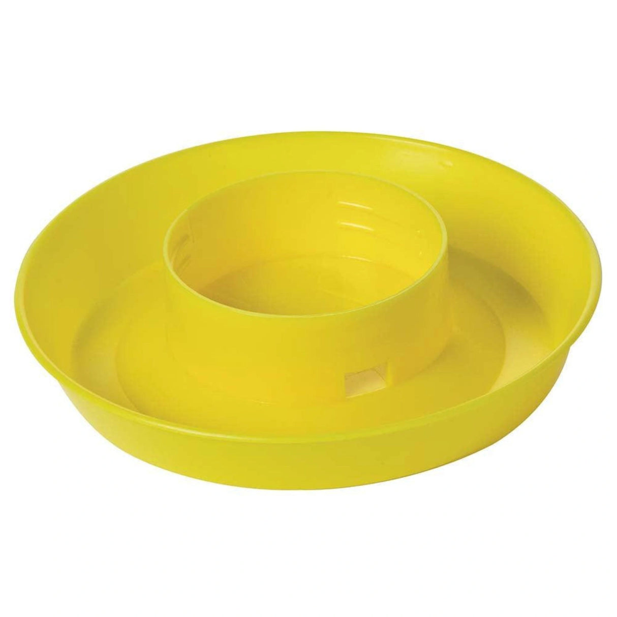 A front view of Little Giant Chicken Waterer 1 Quart Screw-On Poultry Waterer Base in Yellow on a white background