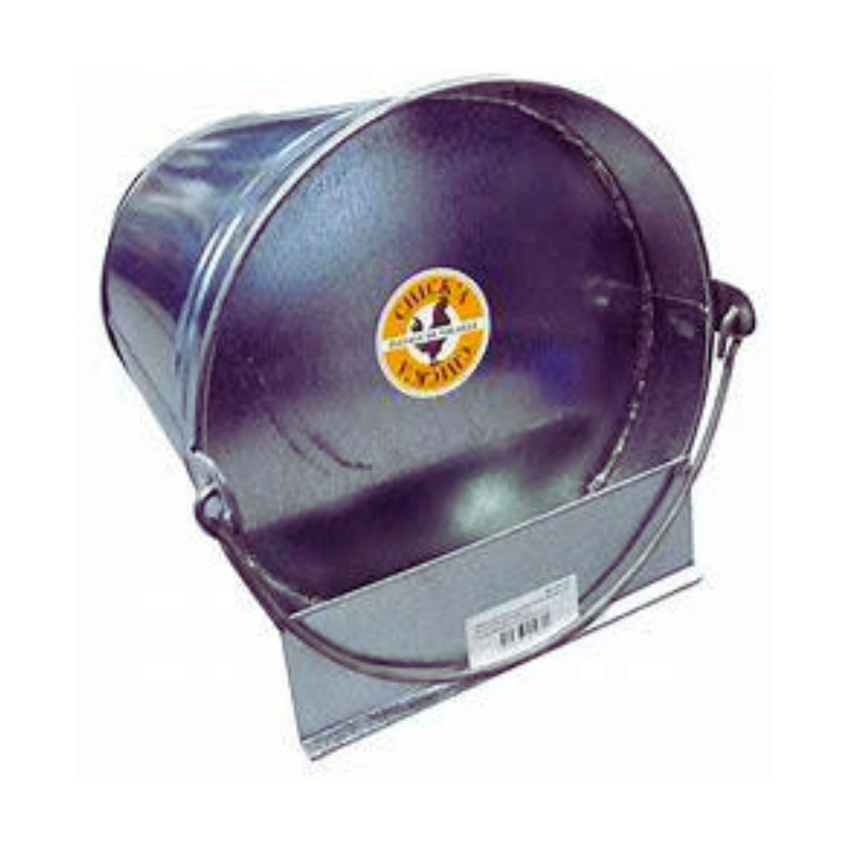 A front view of Little Giant Chicken Waterer 12L Galvanized Tip Over Bucket Poultry Waterer on a white background