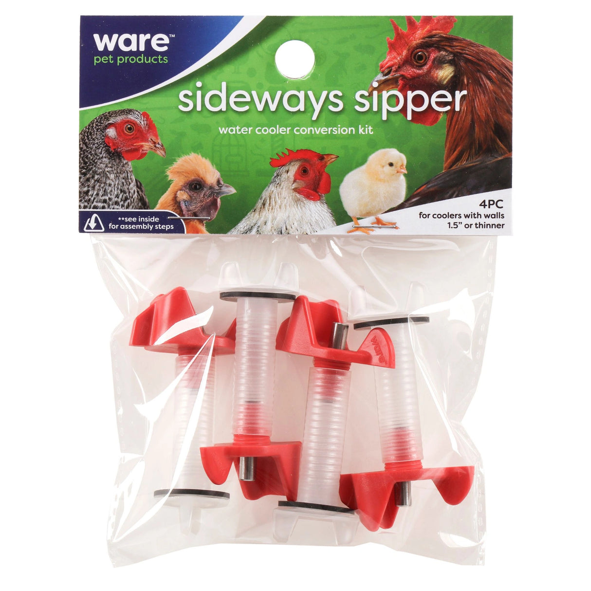 Front view of a Chicken Waterer 4-piece Sideways Sipper Cooler Kit by Ware Pet Products on a white background