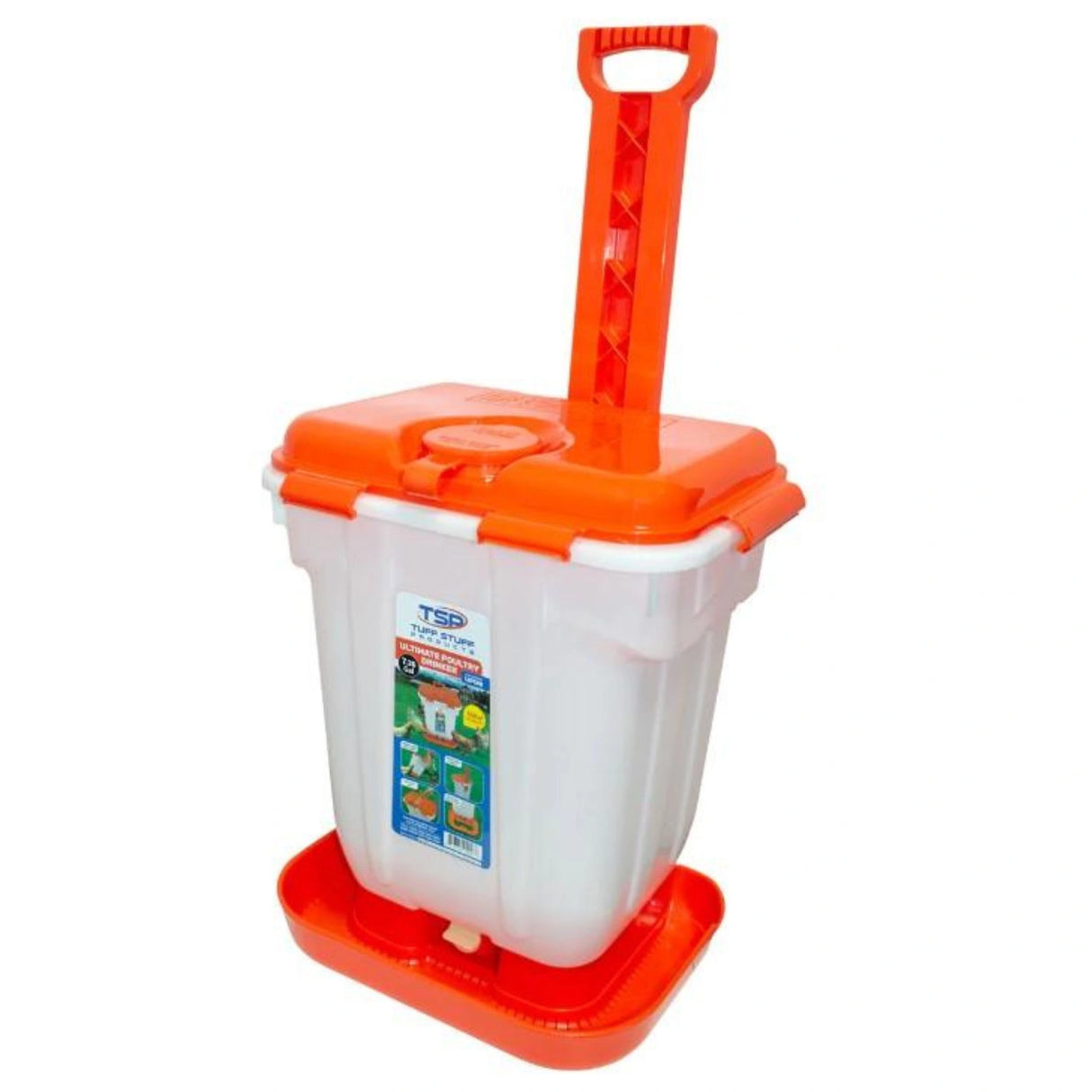 Front view of a Tuff Stuff Products 7.26-gallon portable telescopic handle chicken waterer on a white background