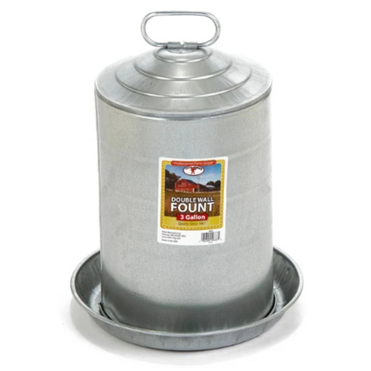 A front view of Little Giant Chicken Waterer Double Wall Metal Poultry Fount 3 gallon on a white background