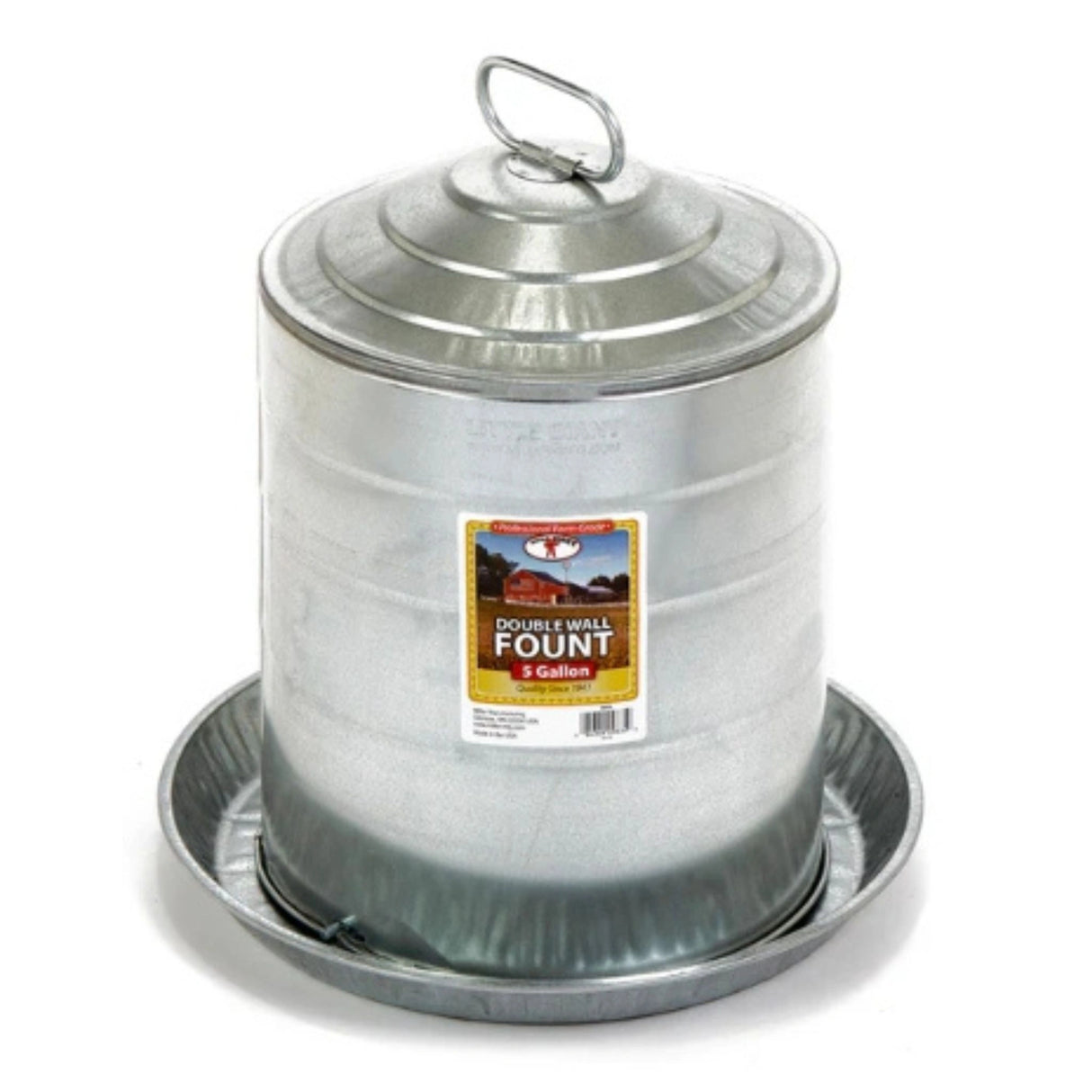A front view of Little Giant Chicken Waterer Double Wall Metal Poultry Fount 5 gallon on a white background