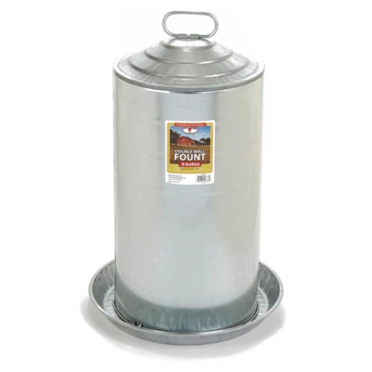 A front view of Little Giant Chicken Waterer Double Wall Metal Poultry Fount 8 gallon on a white background