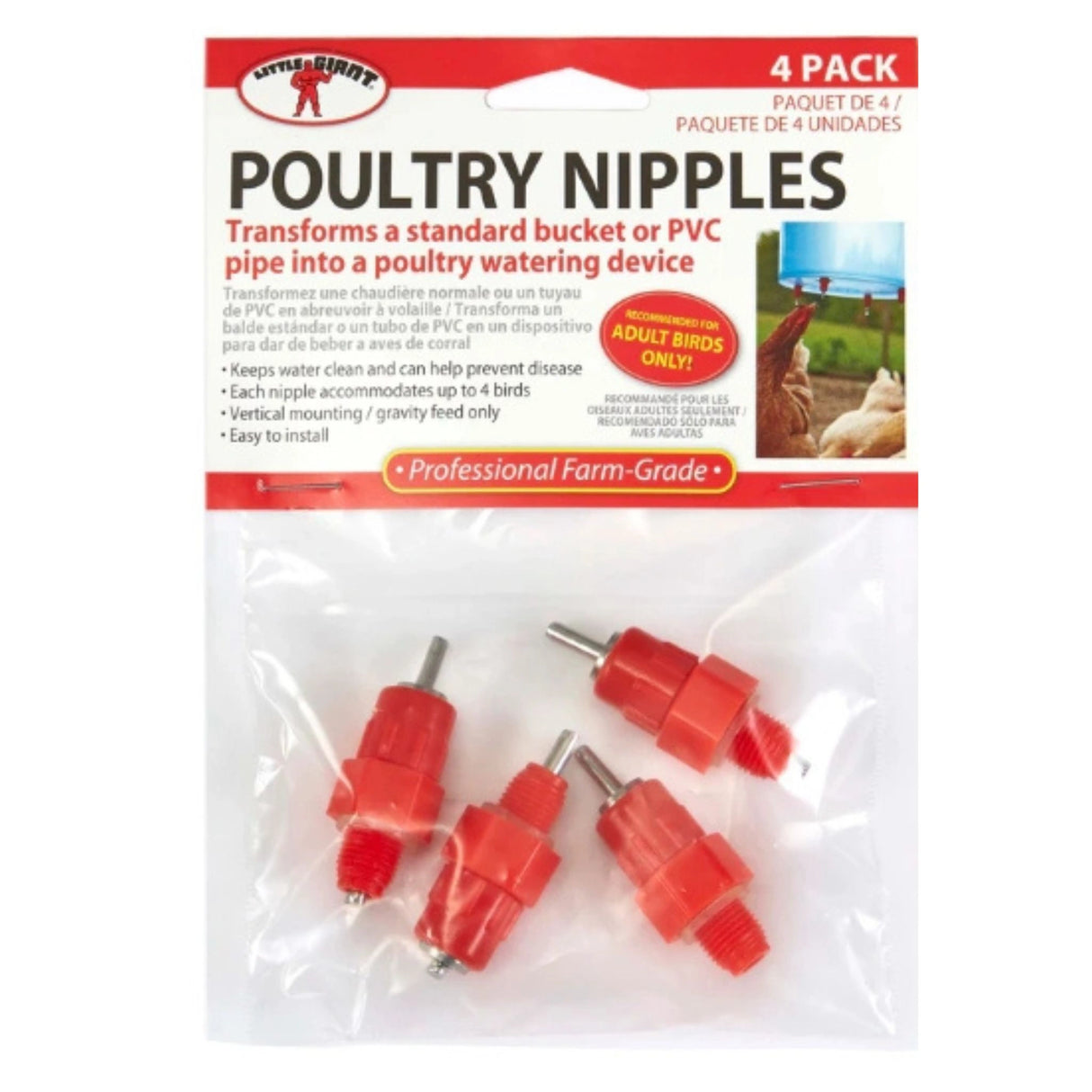 Front view of Little Giant Chicken Waterer Poultry Nipples 4 Pack on a white background