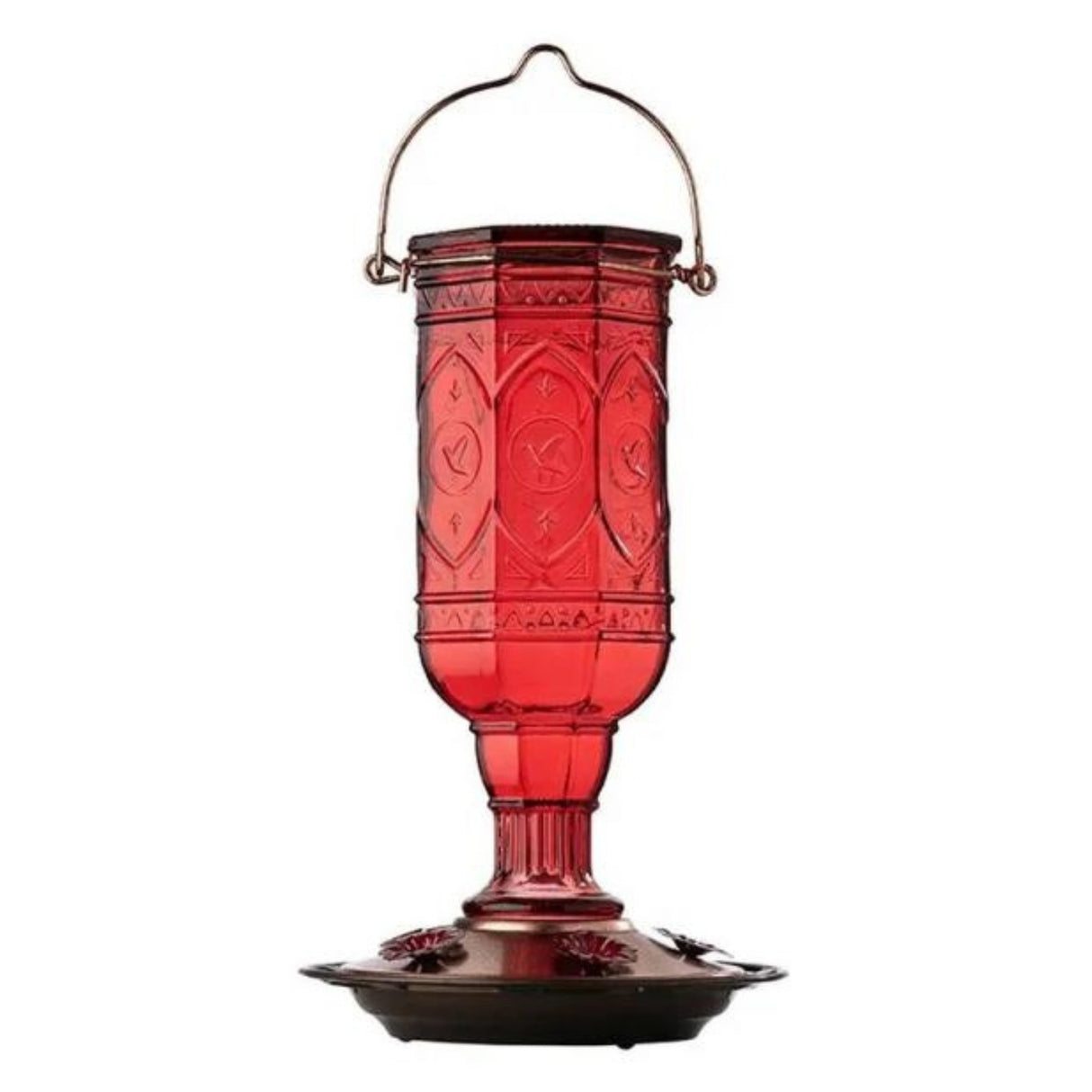 Front view of Classic Brands Hummingbird Feeder red jewel glass on white background