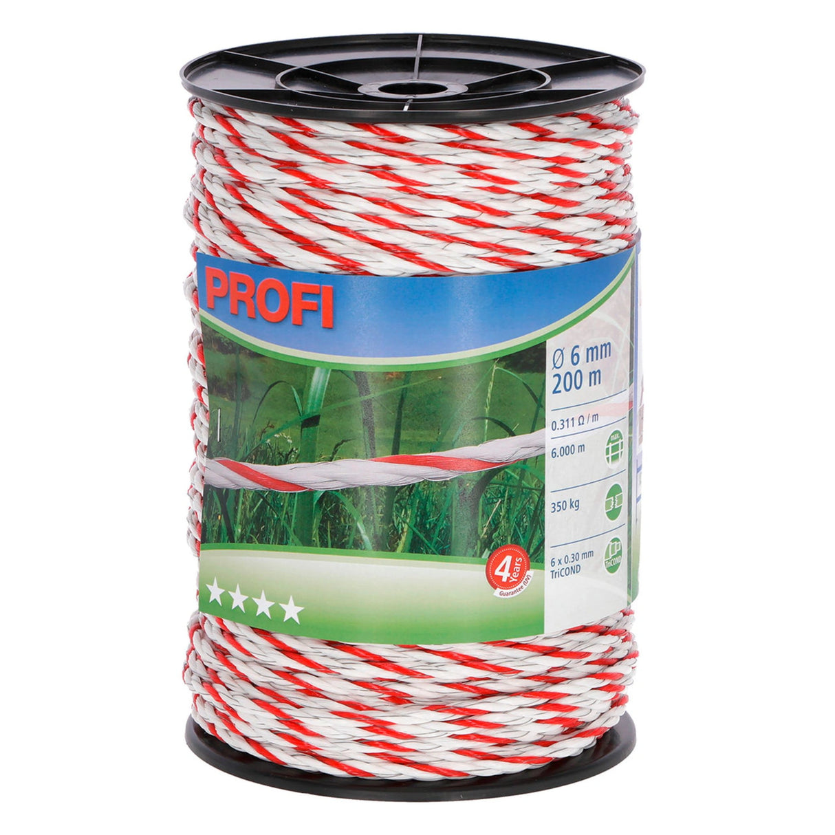 Front view of Corral Rope Fence 6mm x 200m White/Red with TriCOND conductor on a white background