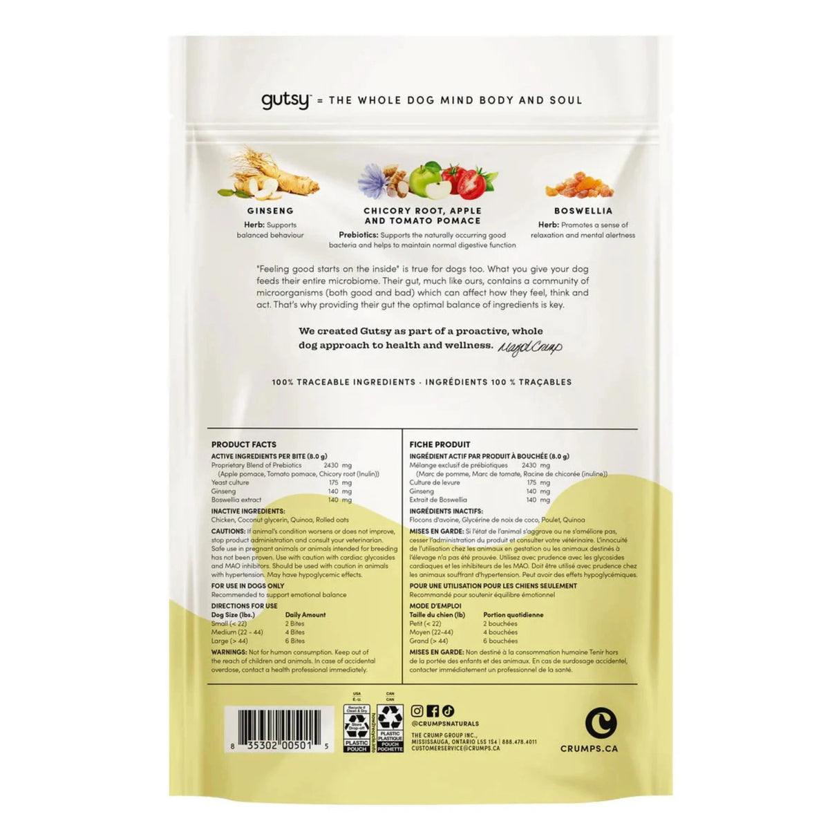 Back view of Crumps’ Naturals Gutsy Happy Bites dog treats on a white background