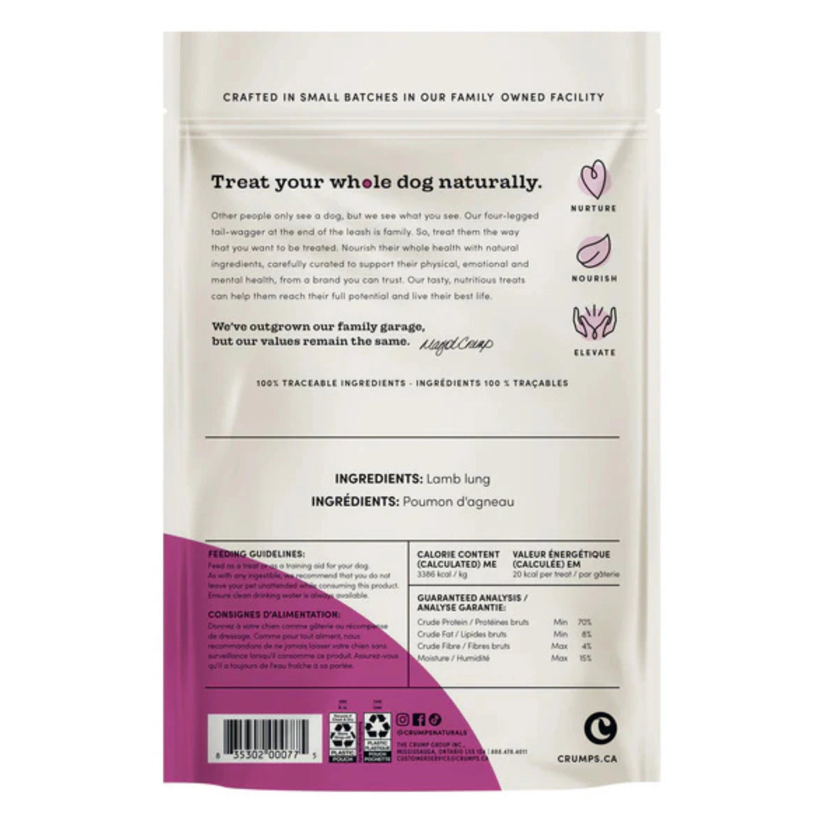 Back view of Crumps' Naturals Lamb Chops Dog Treats showing packaging and label details on a white background