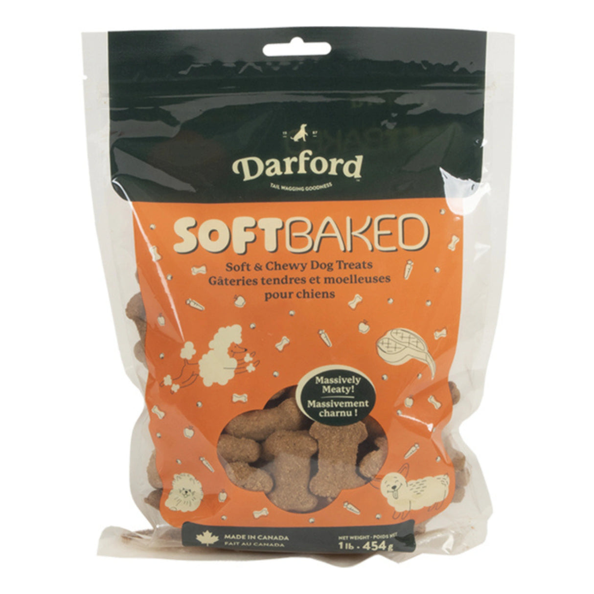 Front view of Darford soft baked massively meaty beef dog treats on a white background