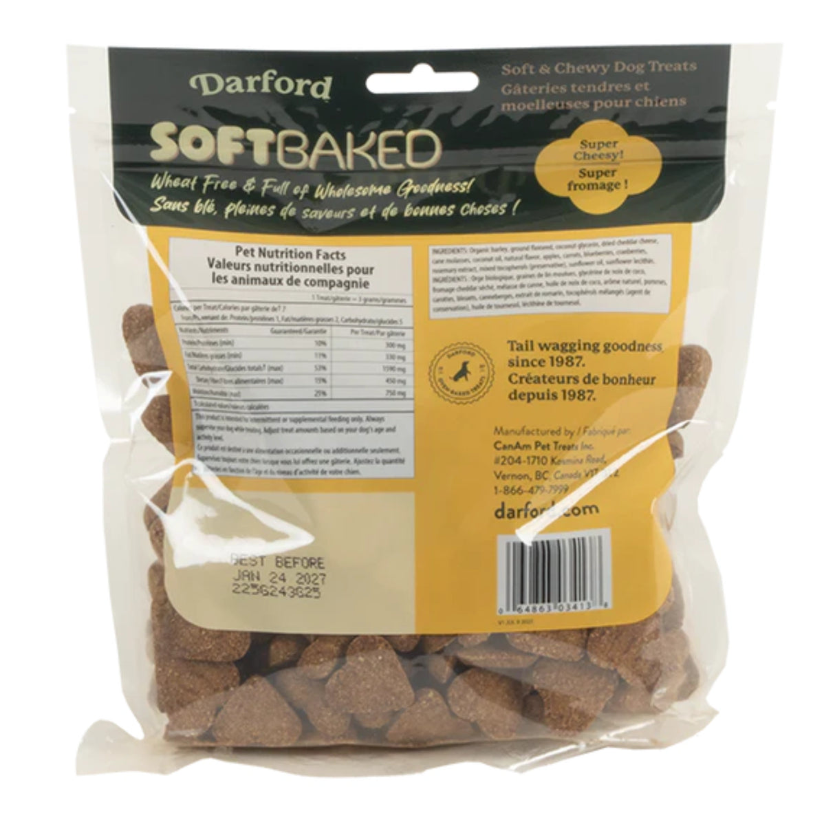 Back view of Darford Soft Baked Super Cheesy Dog Treat on a white background