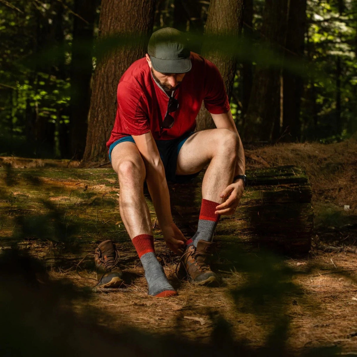 Darn Tough Men’s Hiking Socks micro crew midweight worn on a trail in the outdoors of Kamloops, British Columbia