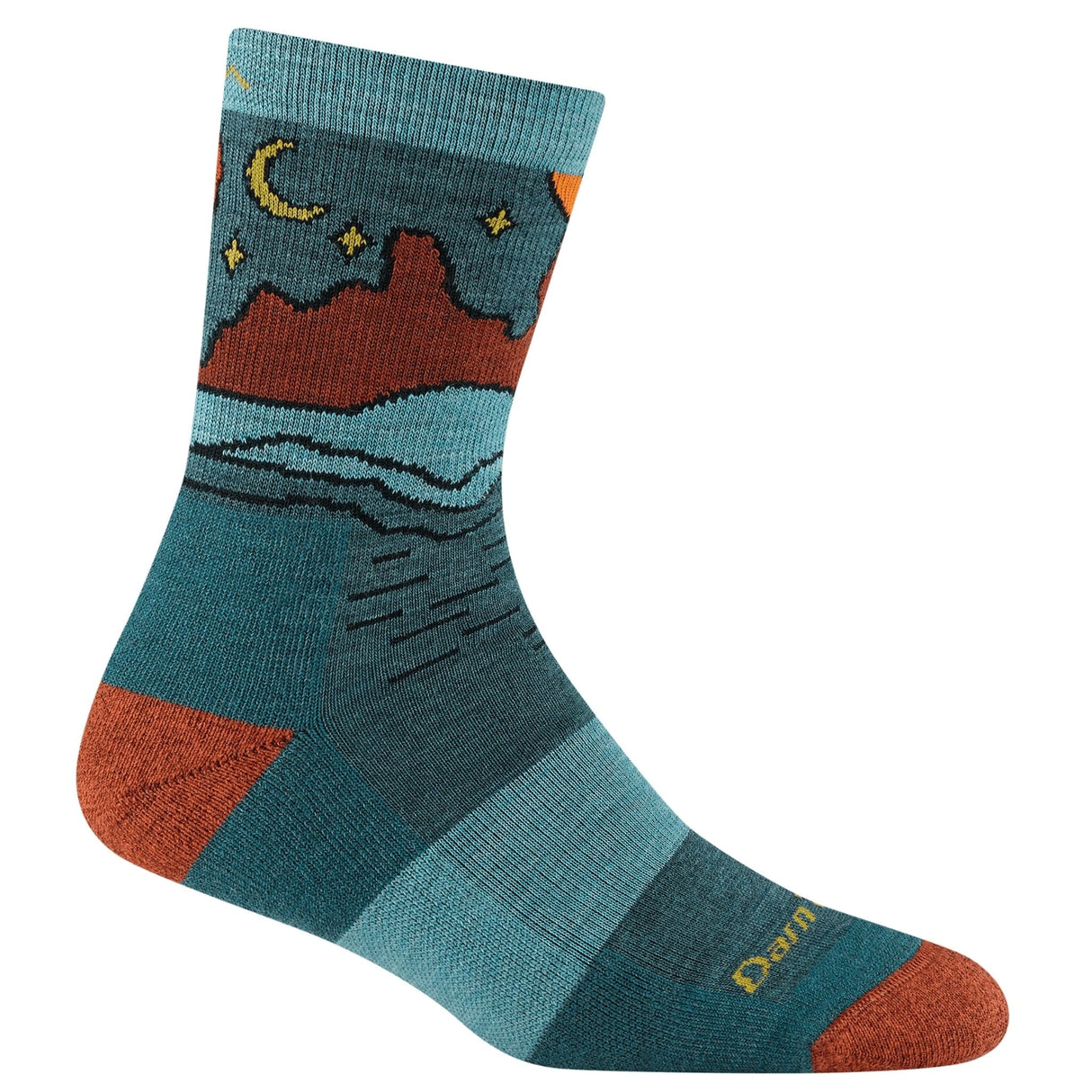A close-up view of Darn Tough Women’s Celeste Micro Crew Hiking Socks in Medium Teal with cushioned heel and seamless toe on a white background