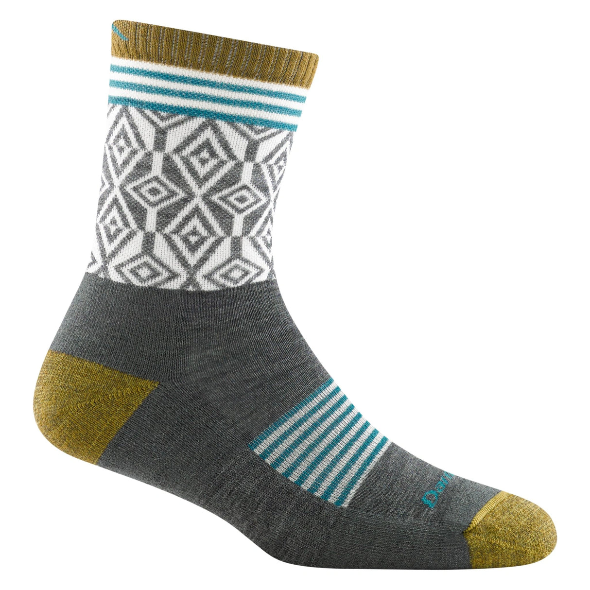 Close-up of Darn Tough Women's Sobo Micro Crew Lightweight Hiking Socks in Gray on a white background