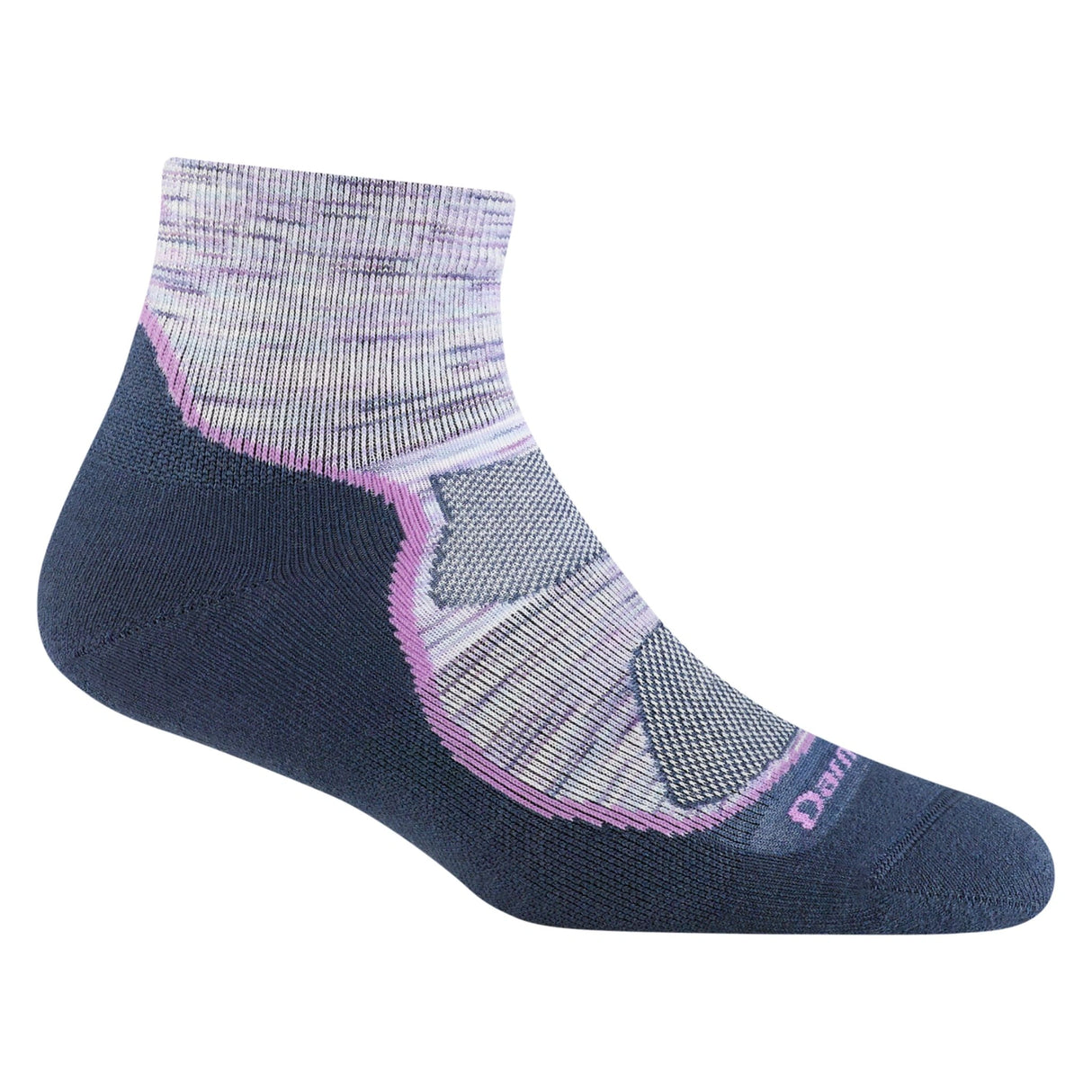 Close-up view of Darn Tough Women's Light Hiker Quarter Lightweight Hiking Socks in Cosmic Purple on a white background