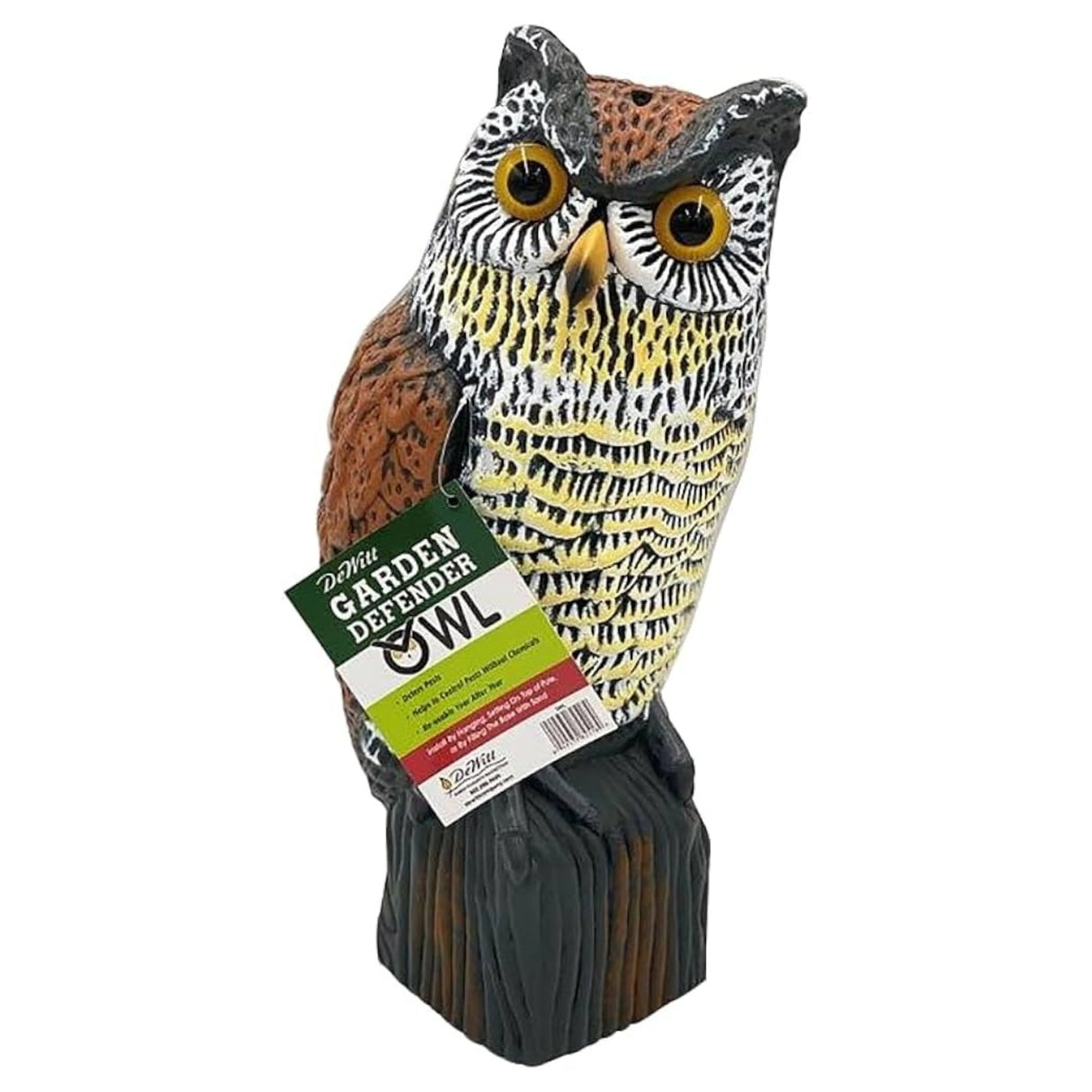 Front view of De Witt Garden Defender Owl garden decor on a white background