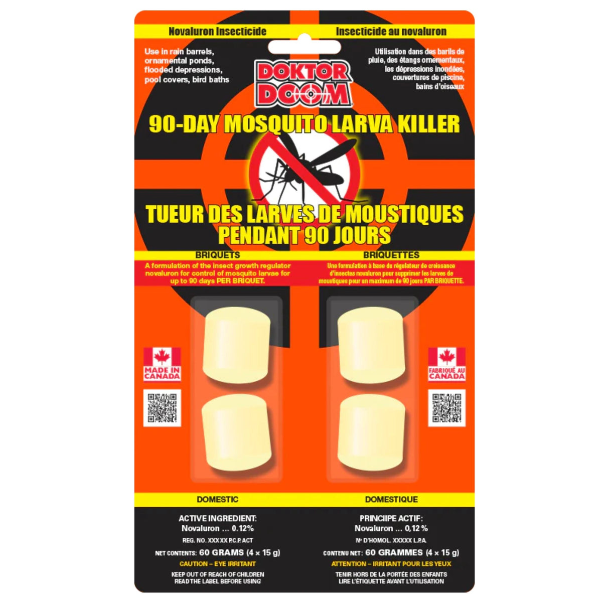 Front view of Doktor Doom Mosquito Control Briquettes 90-Day Larva Killer 4 x 14g on a white background