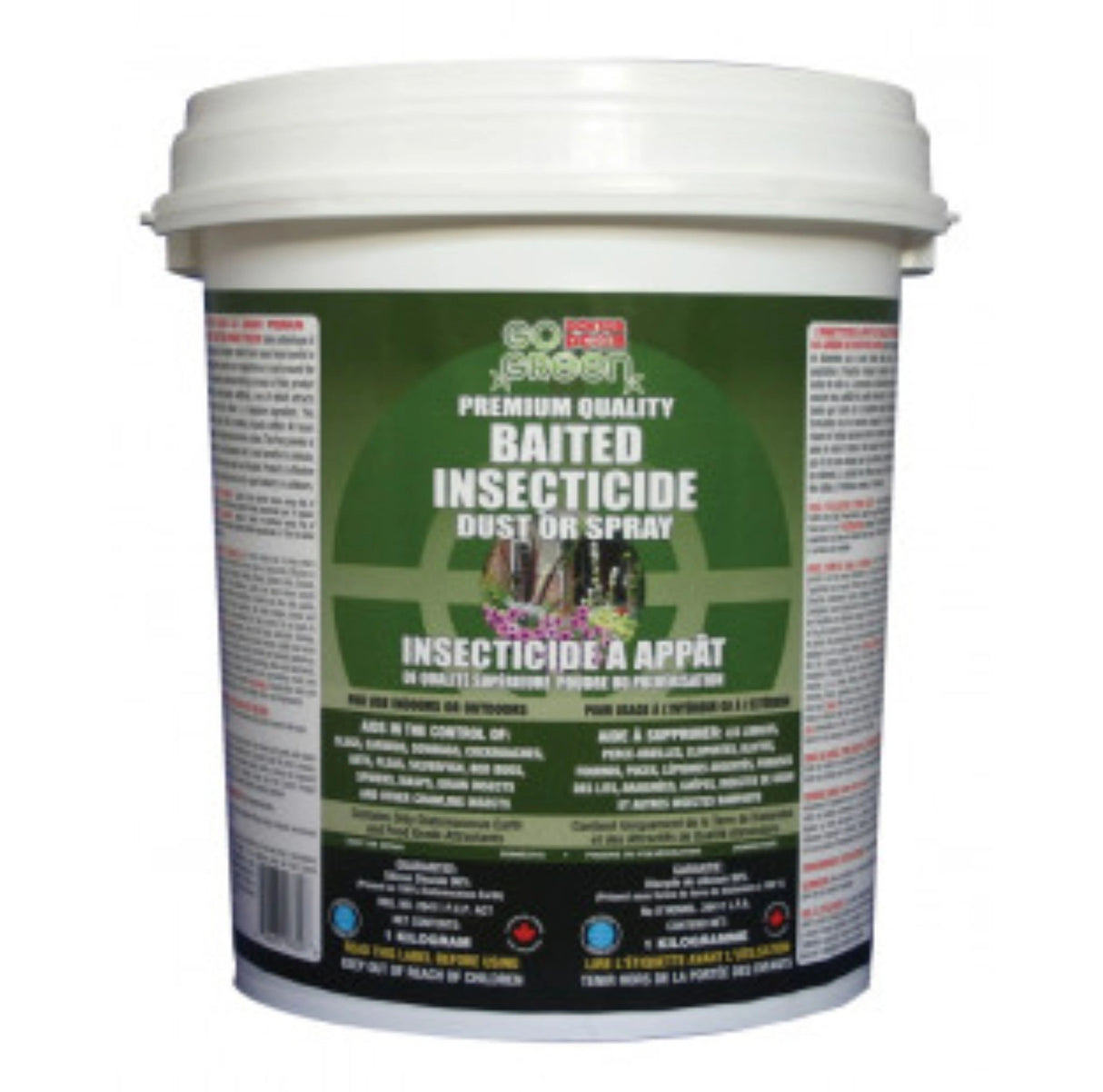 A front view of Doktor Doom Go Green Baited Insecticide Dust or Spray 1kg on a white background