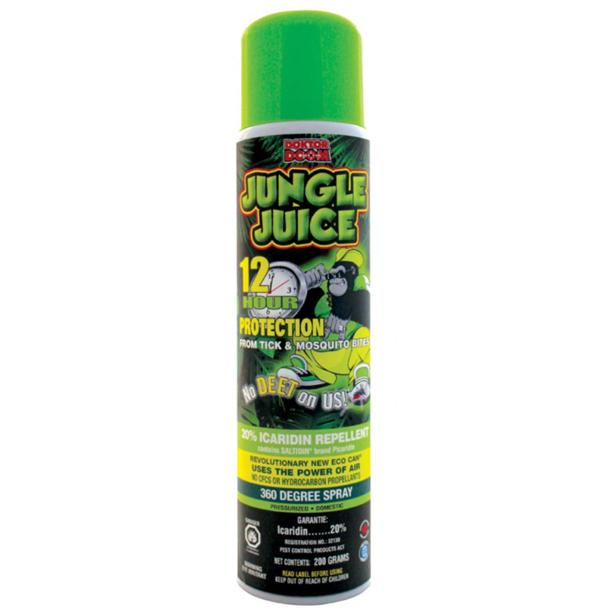 Front view of Doktor Doom Jungle Juice Mosquito Repellent 200g on a white background