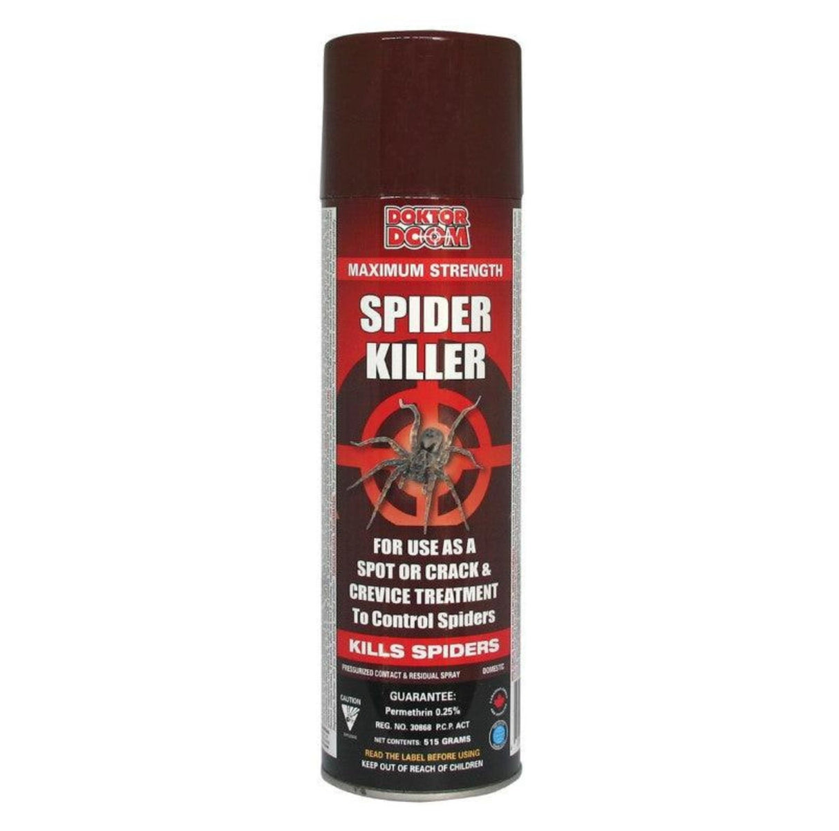 A front view of Doktor Doom Spider Killer 515g Insecticides on a white background