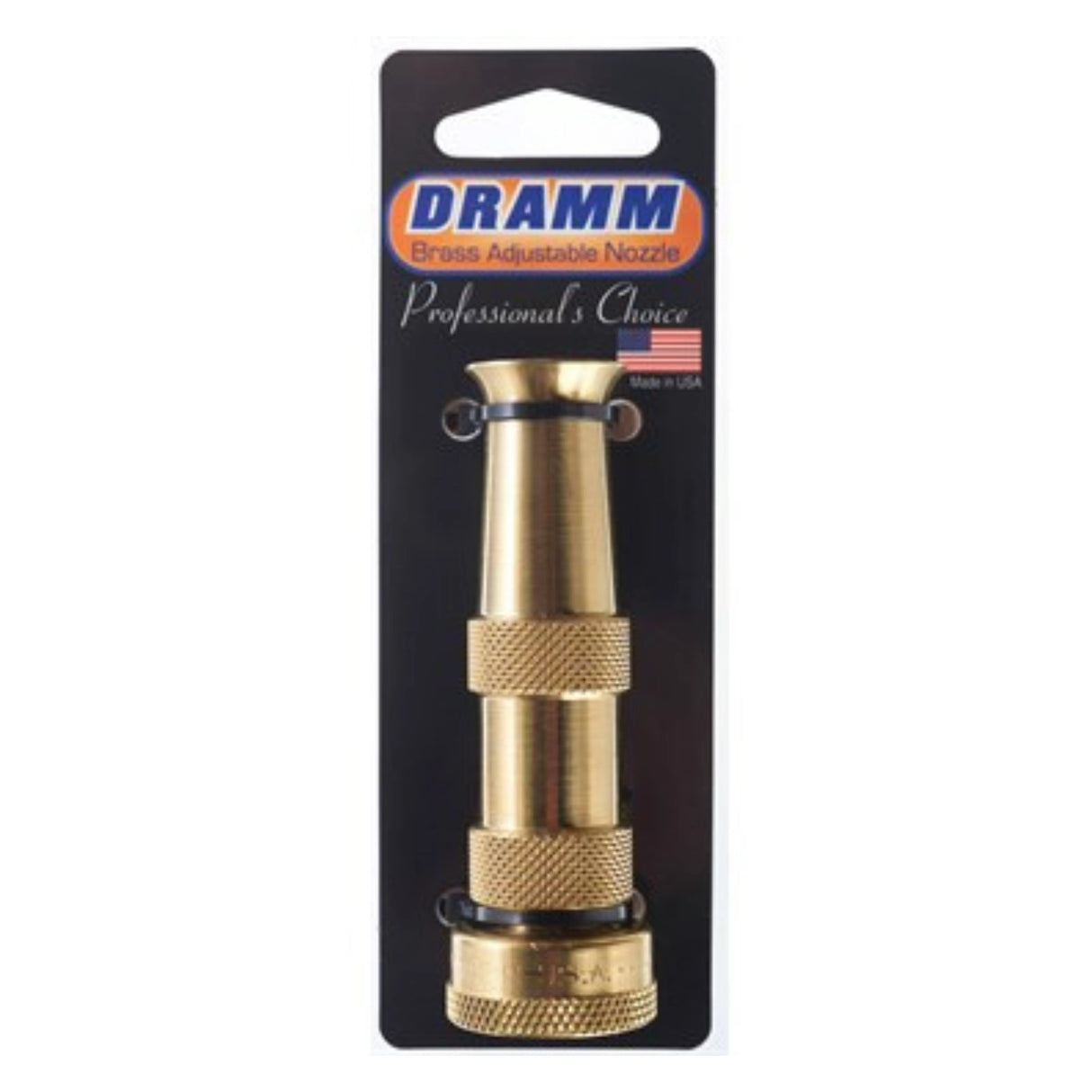 Front view of Dramm Hose Nozzle brass adjustable design on a white background