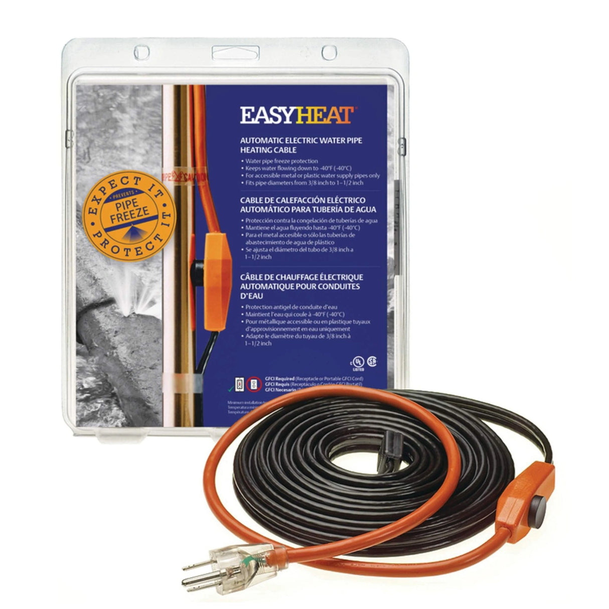 A front view of Easy Heat 12ft 60W Pipe Tracing Heat Cable on a white background