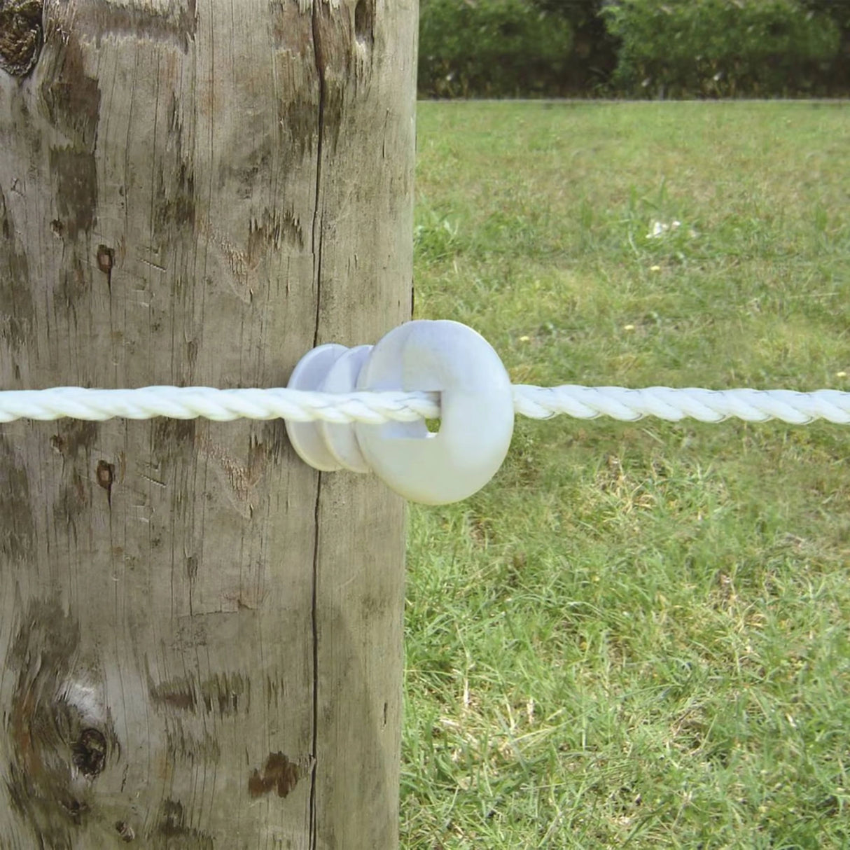 Patriot Electric Fence Insulators installed on a wooden fence post securing a rope