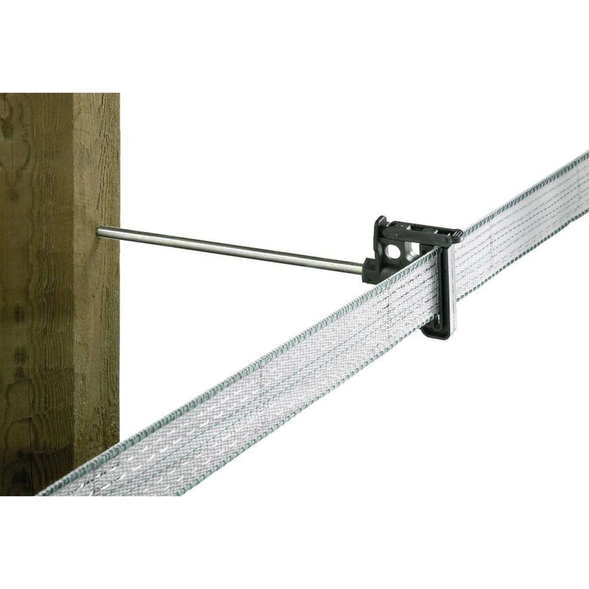 Kerbl Electric Fence Insulators Offset Ring Insulator Clip Long Handle installed and in use on a farm fence