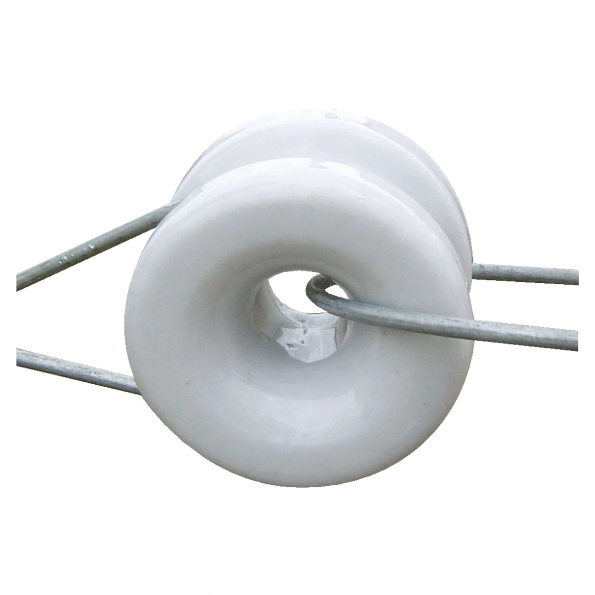 Close-up side view of Patriot Porcelain Donut-Shaped Electric Fence Insulators against a white backdrop